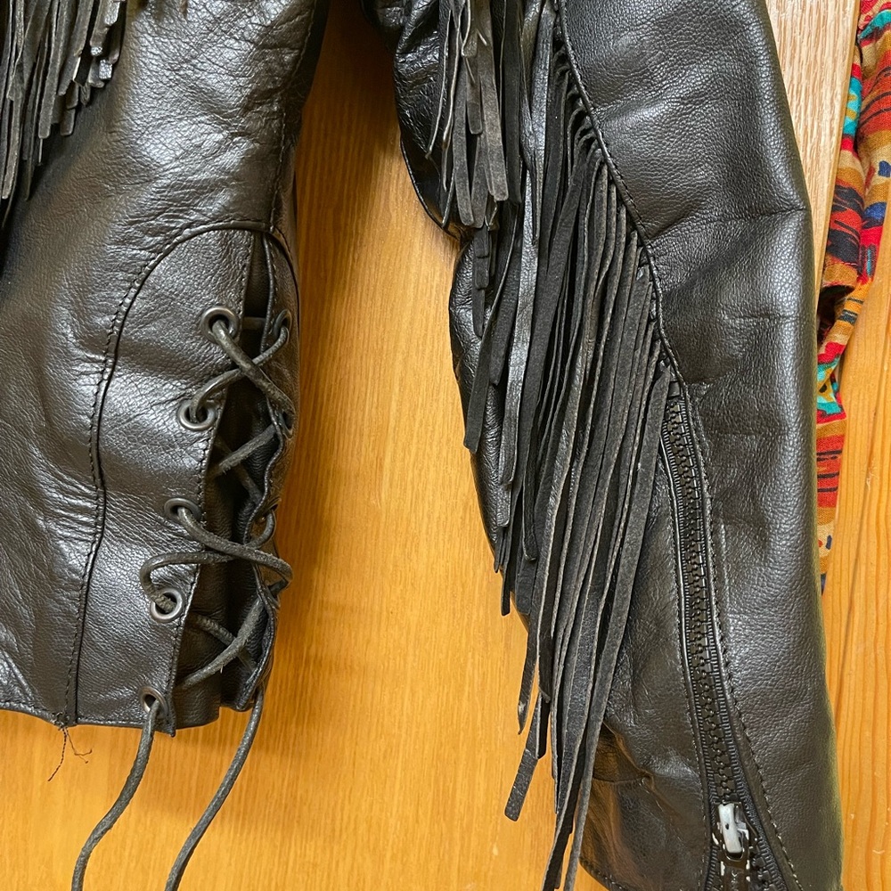 Vintage Leather Rose detail Fringe Bomber Moto Jacket Black Red Ladies Large - Picture 6 of 7